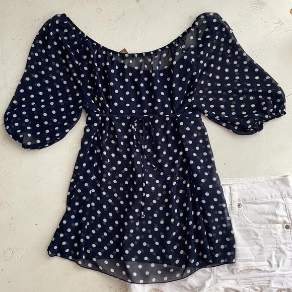 [ Copper Key Sheer Polka Dot Half Sleeve Blouse ]m - Picture 4 of 6